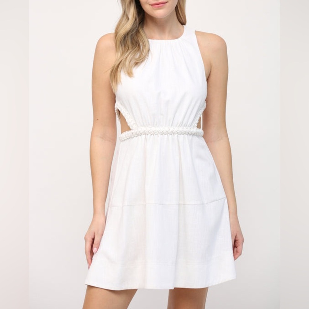 Linen blend side cutout Fate dress in ivory. Classy, tennis, prep, vacation
